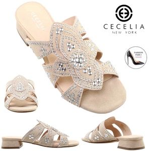 Cecelia New York Martini Micro Stud Sandal Bone Beige Suede Mule Block Heel 10